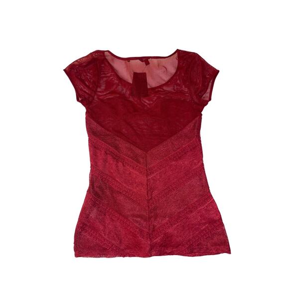 Guess Lace Mesh LillyAna Blouse Top Burgundy Short Sheer Sleeves NWT - Picture 2 of 5